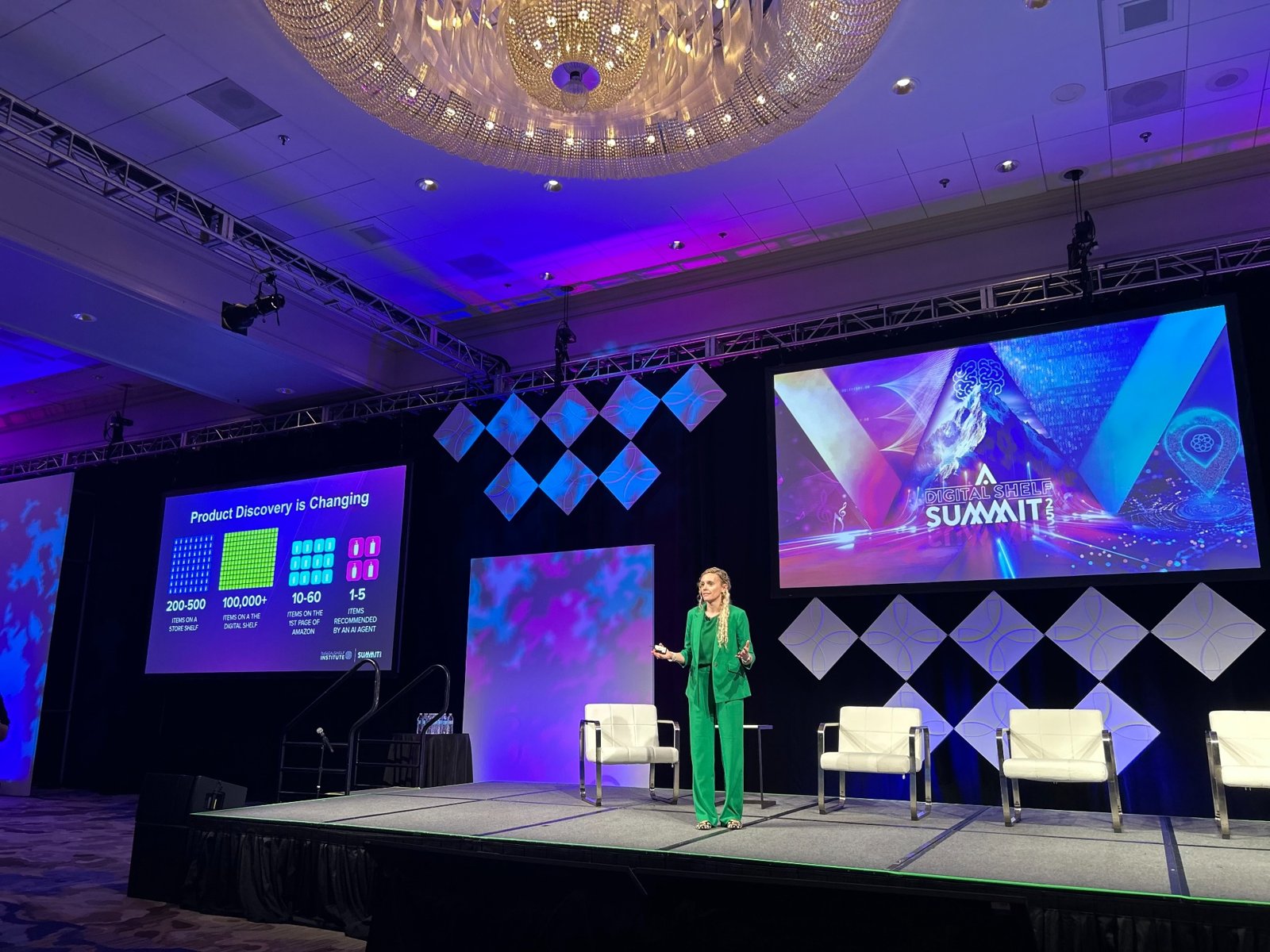 Lauren speaking in a green suit on the Digital Shelf Summit stage